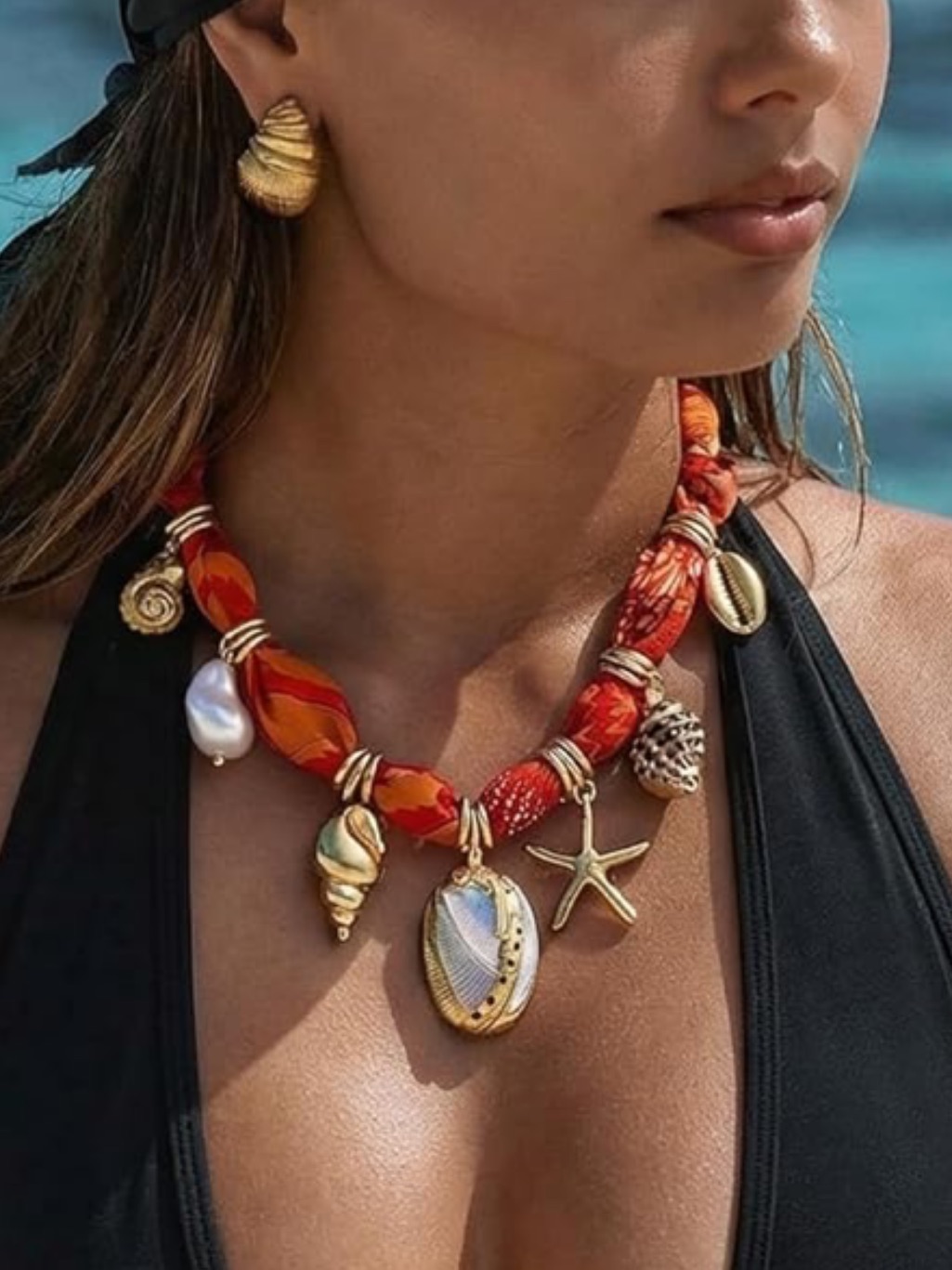 Coastal Gold-Accented Orange Shell Charm Necklace
